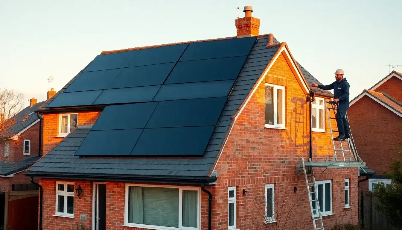 MCS-certified installer fitting solar panels to a British home at golden hour