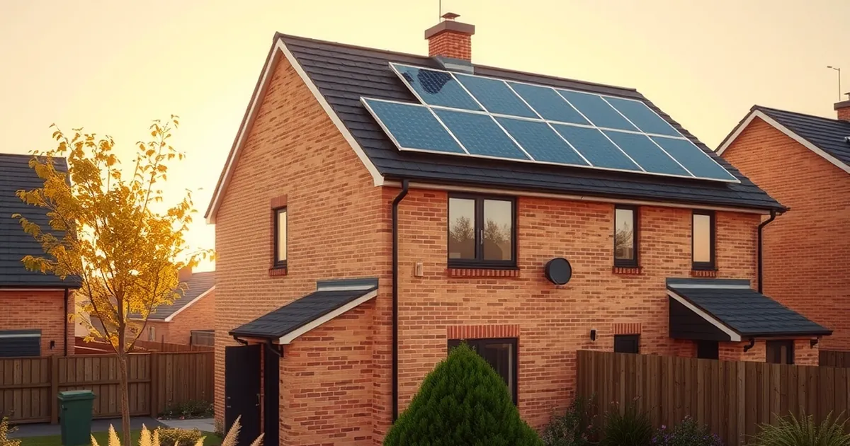 A UK semi-detached house with solar panels on the roof at sunrise