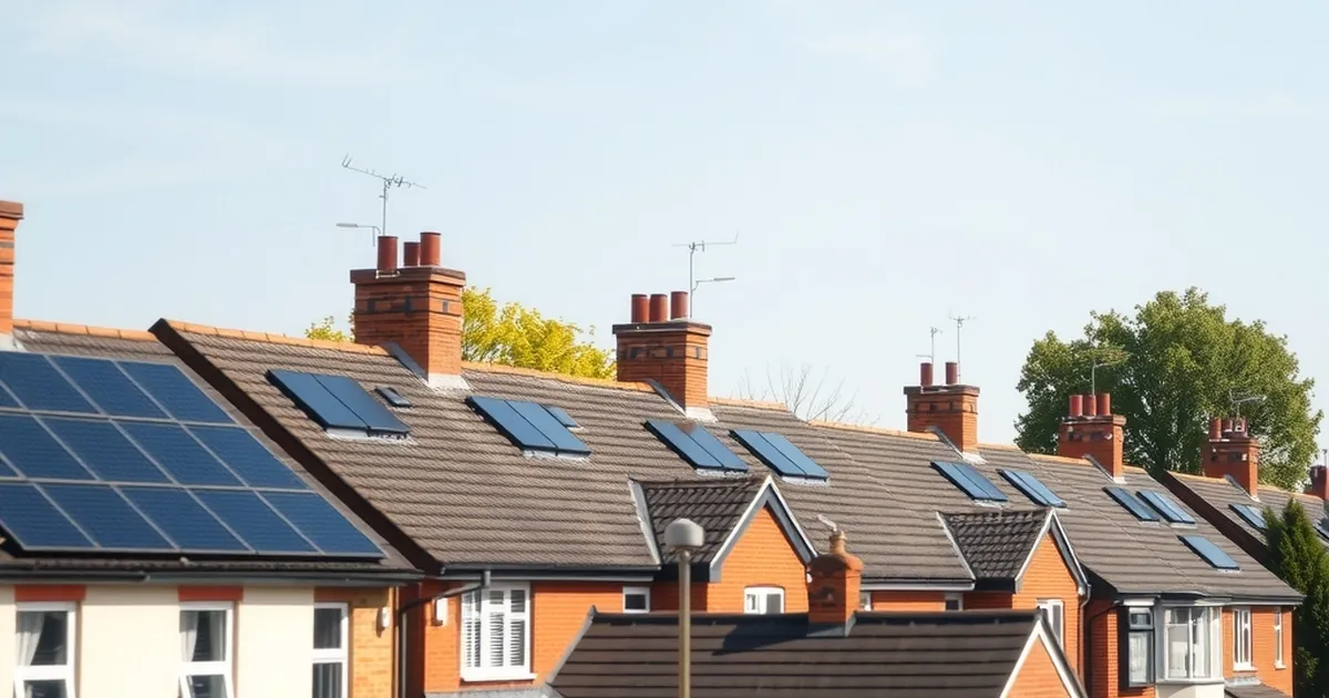 A row of terraced houses with solar panels on several roofs