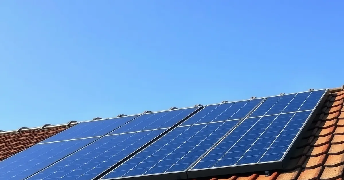 Dark blue solar panels on a British tiled roof under a clear blue sky