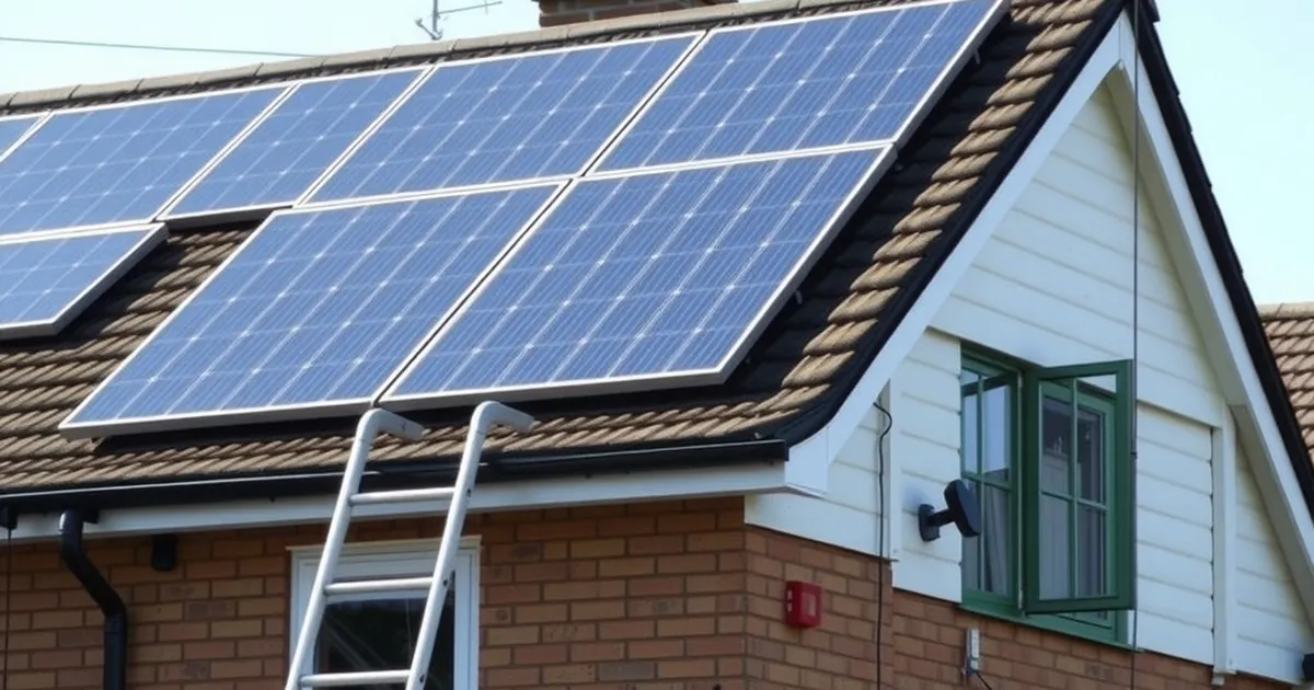 Solar panels on a British roof with a ladder at the eaves ready for work