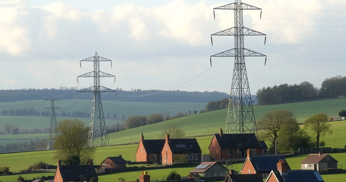Electricity pylons crossing green fields beside a village with solar roofs